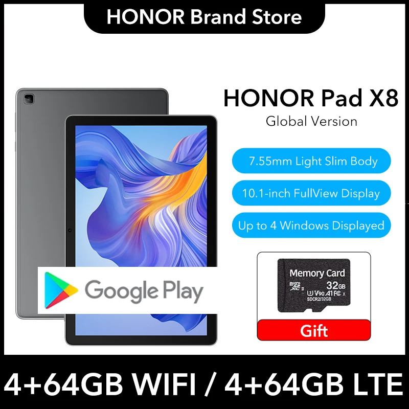 HONOR Pad X8 Global 4GB 64GB 10.1 inches FHD Display Android 12 Tablets Eye Protection Mini PCs WIFI & LTE Google Play Supported