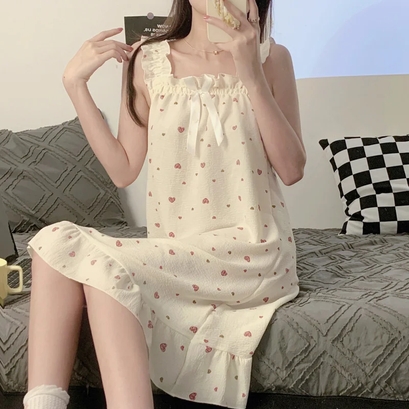 Summer Sleeveless Nightdress Women Cute Print Princess Nightgowns Sleepdress Home Dressing Gown Summer Long Sleepwear Nightwear