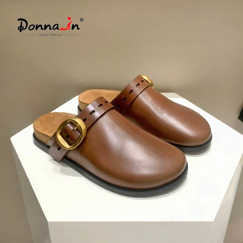 

Donna-in 2023 Summer Designer Woody Slip on Sandals for Women Flat Mules Genuine Leather Metal Buckle Ladies Slippers Footwear