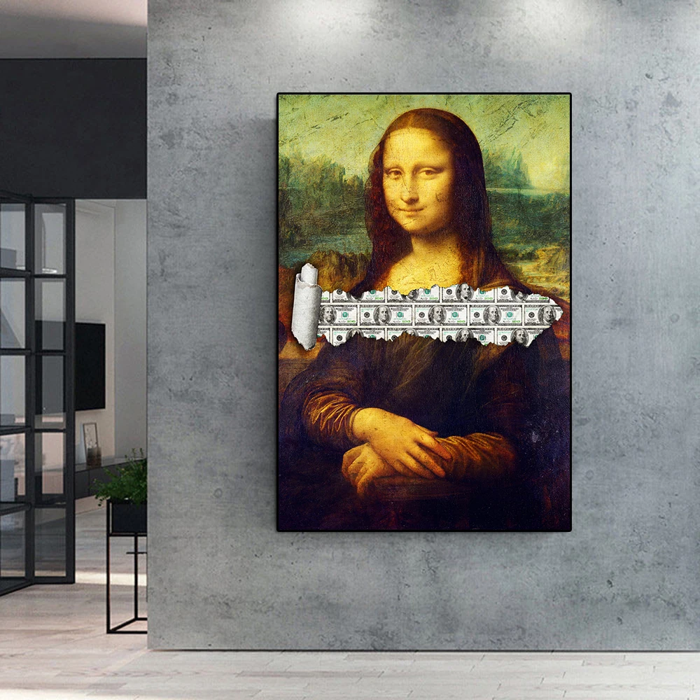 

Funny Mona Lisa Money Portrait Canvas Painting Office Inspirational Graffiti Poster And Print Retro Abstract Wall Art Room Decor