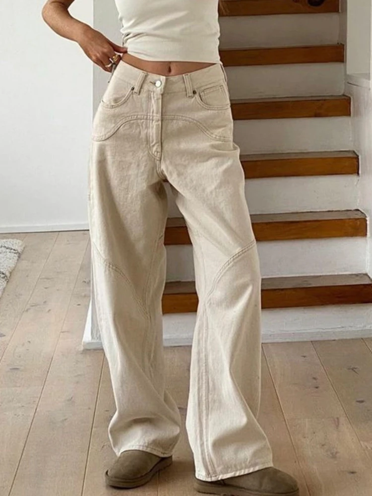

YIKUO Y2K Beige Cargo Jeans Women Vintage Streetwear Basic Baggy Pants Oversize High Waist Loose Denim Trousers Female 90s