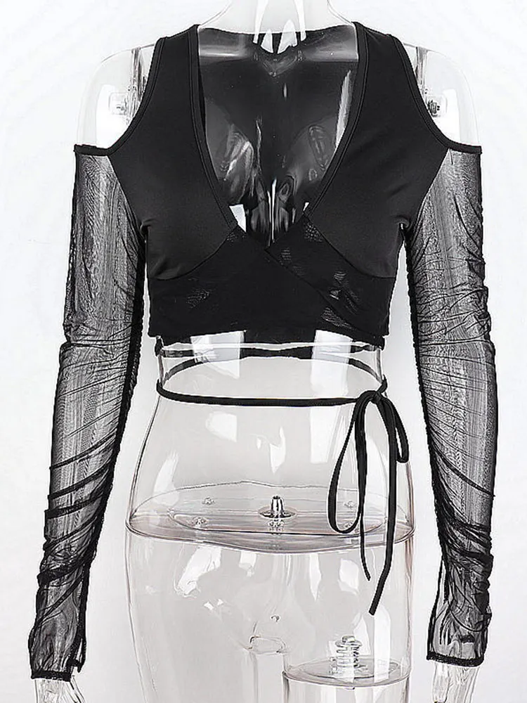 Сексуальные черные укороченные топы уличная женская мода 2024 футболки с длинными