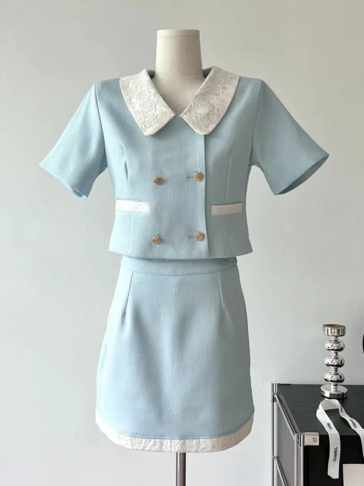 

Elegant Small Fragrant Wind Contrast Color Fashion Suit For Women's Summer Slim Fit Jacquard Weave Two Piece Set Female Clothing