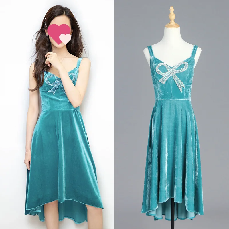 Vintage High Low Velvet Dress Turquoise Party Dress 2023 New