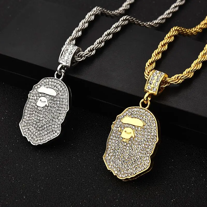 

Tide Brand Ape Head Pendant Necklace Micro-inlaid Zircon Male Hip Hop Gold Silver Necklace With Chain