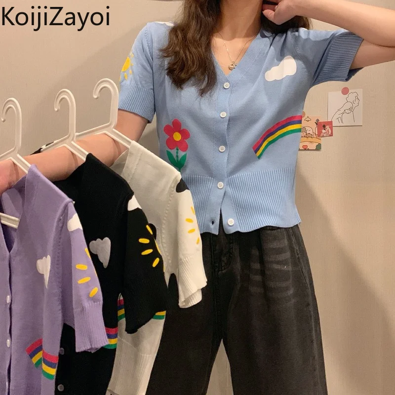 Koijizayoi Women Knitted Flower Tshirt Slim Fashion Lady Sweet Tops Summer 2022 Chic Kroean Cropped Slim Cardigan Transparent