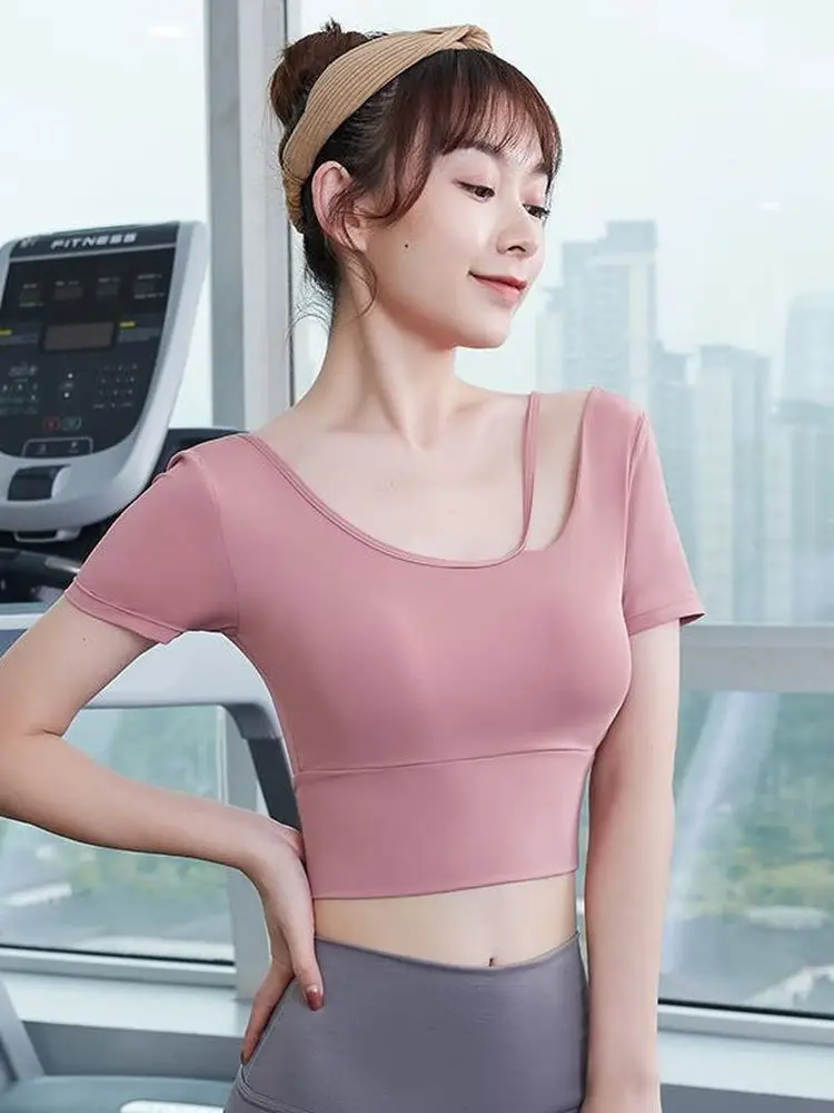 

Women's T-shirt for Workout Yoga Clothes Top Female Sexy Tight-fitting Slimming Fitness Clothing Chest Pad Running Sports Top