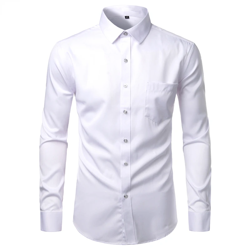 

Mens White Bamboo Fiber Dress Shirts Slim Fit Wrinkle Free Casual Shirt Chemise Non Iron Easy Care Elastic Wedding Working Shirt