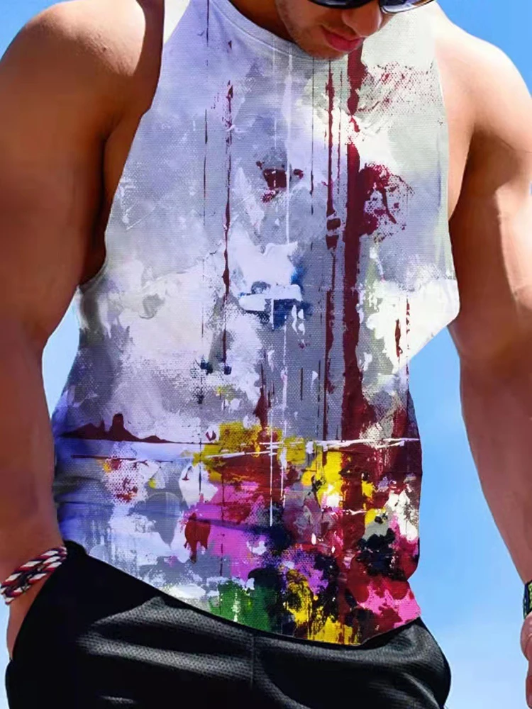 

Мужская повседневная майка с круглым вырезом, свободные базовые пуловеры, уличная одежда с принтом граффити, жилет без рукавов, лето 2022