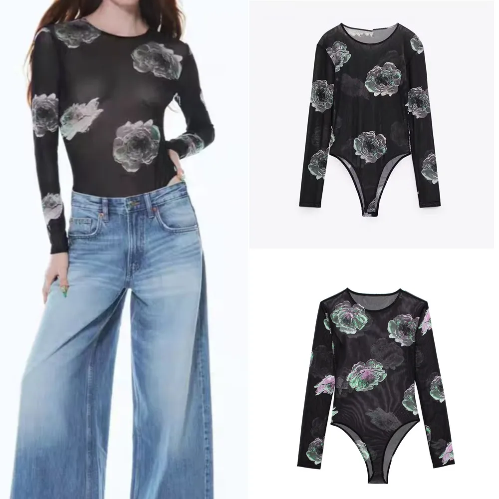 

COS LRIS 2023 Amoi women's long-sleeved T-shirt sunscreen bottoming shirt floral print round neck translucent jumpsuit 0085383