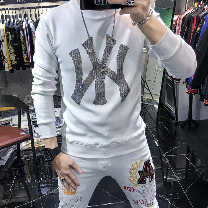 

Luxury Rhinestones Men's Sweatshirts Long Sleeve Slim Streetwear Casual Tops 2021 Autumn Cotton Social Pullover Men Clothing