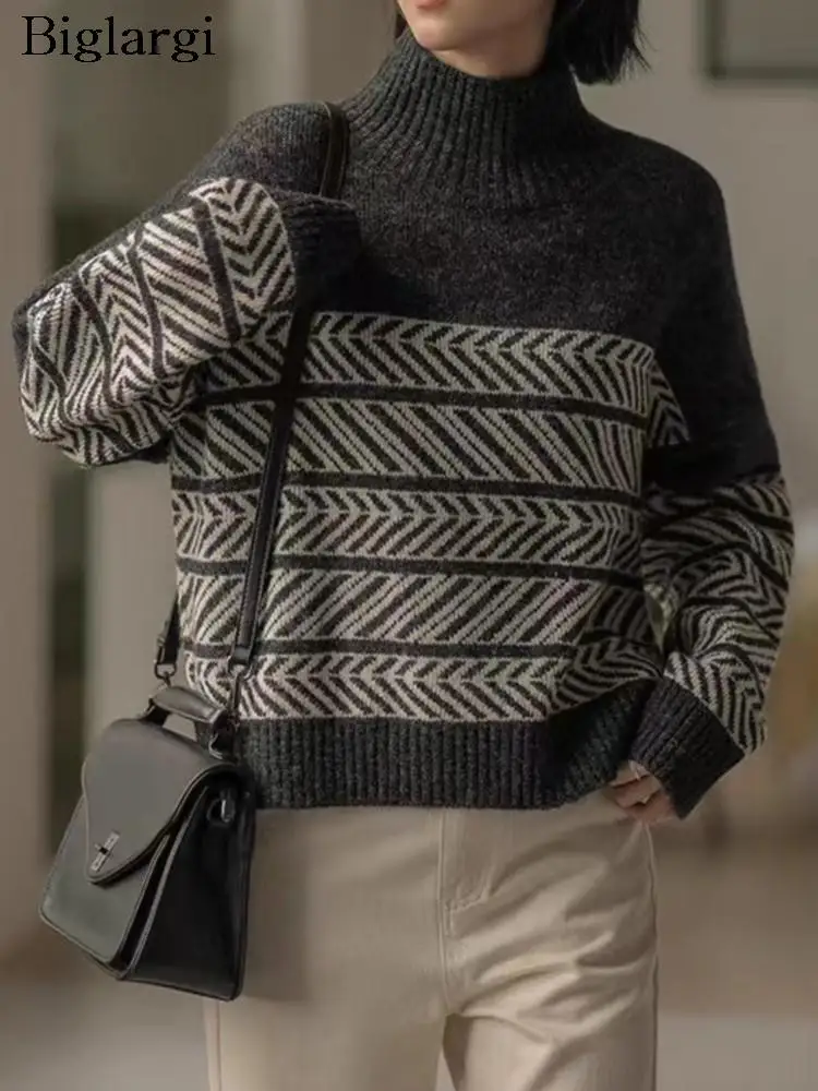 

Oversized Autumn Winter Turtleneck Pullover Sweater Women Loose Fashion Striped Print Ladies Sweaters Casual Woman Sweater 2023
