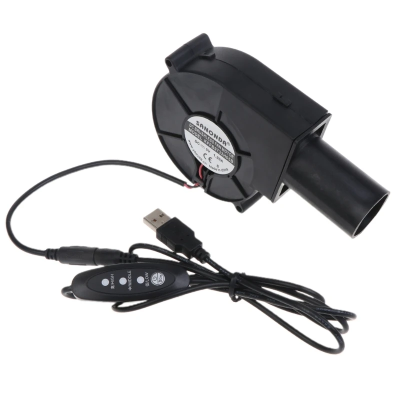 

5V USB Plug 3 Speed Speed-regulating Blower Grill Wood Stove Outdoor Mobile Fan with Air Collecting Duct on off switch