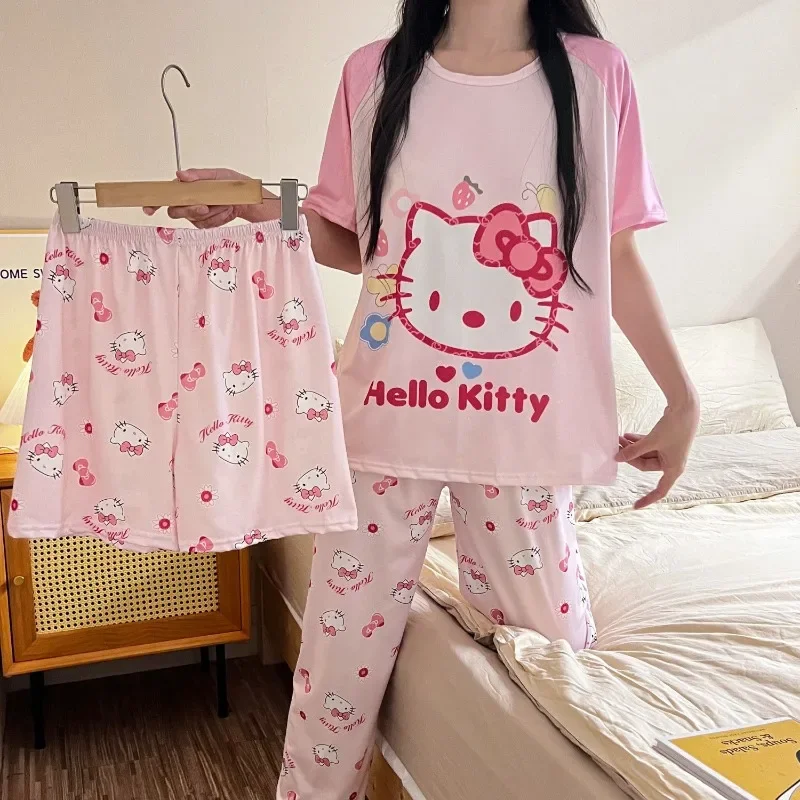 Милые пижамы HelloKitty комплект из трех предметов летняя домашняя одежда для девочек