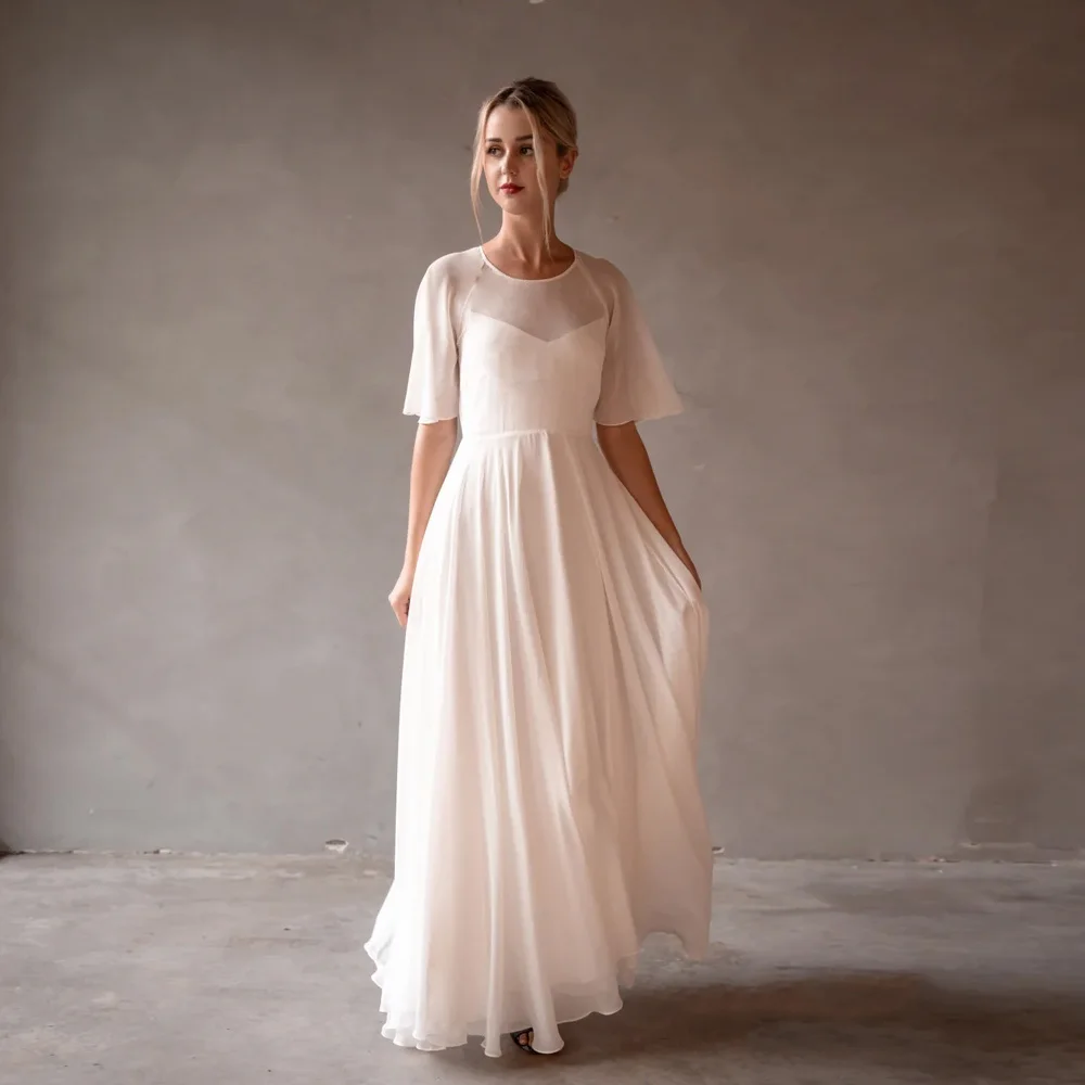 

Simple Wedding Dresses Jewel Neck Half Flare Sleeves Bridal Gowns Backless Floor-Length A-Line Chiffon Robe De Mariee 2023