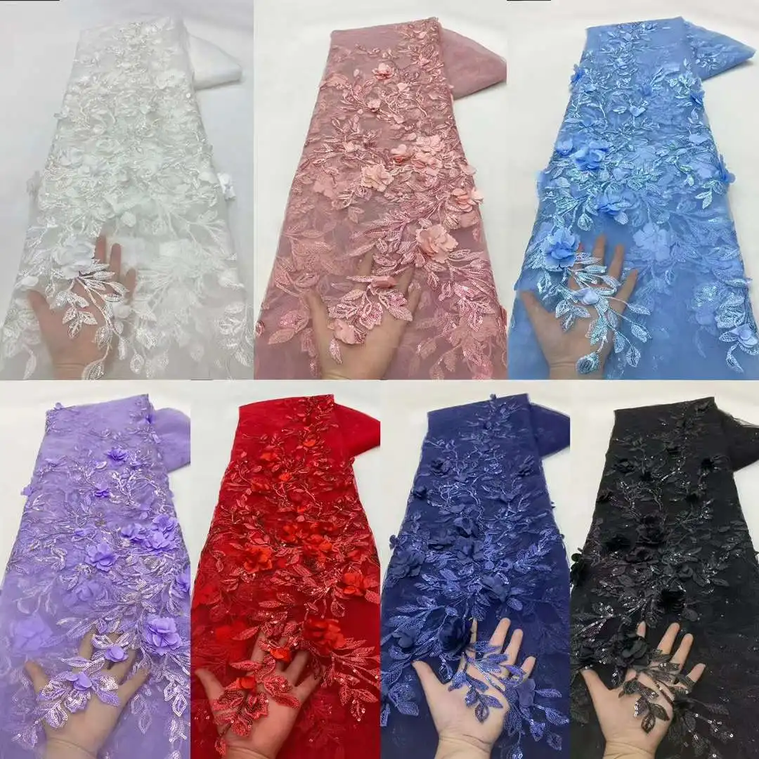 Африканская кружевная ткань с 3D цветами 5 ярдов 2024 высококачественная вышитая