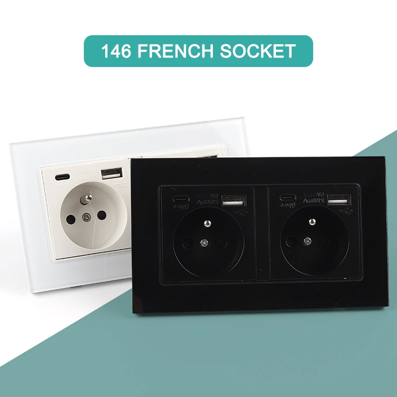 

FR Standard Home AC 100~250V Crystal glass Panel outlets 16A Wall Power Socket With Double USB Type C Charge Port Smart Home