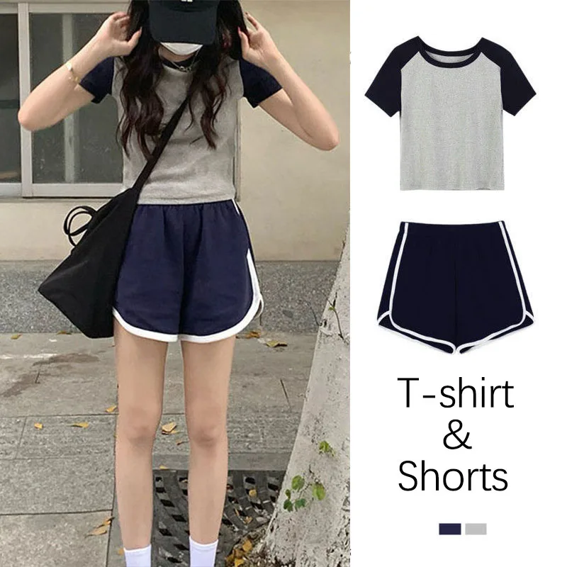 

Summer Women’s Sports Shorts 2 Pieces Set O Neck Shorts Sleeves T Shirts High Waist Elastic Shorts Casual Suits Y2K Fashion Wear
