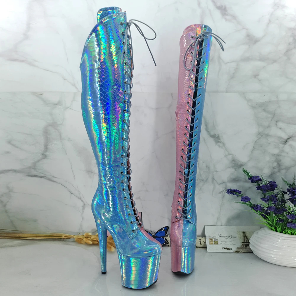 Leecabe Holo Pink with Blue 20CM/8inch Pole dancing High Heel platform Boots with lace and zipper