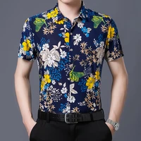 summer new fashion casual men floral printed short sleeve shirts turn down collar ice silk shirt 4xl clothing e33