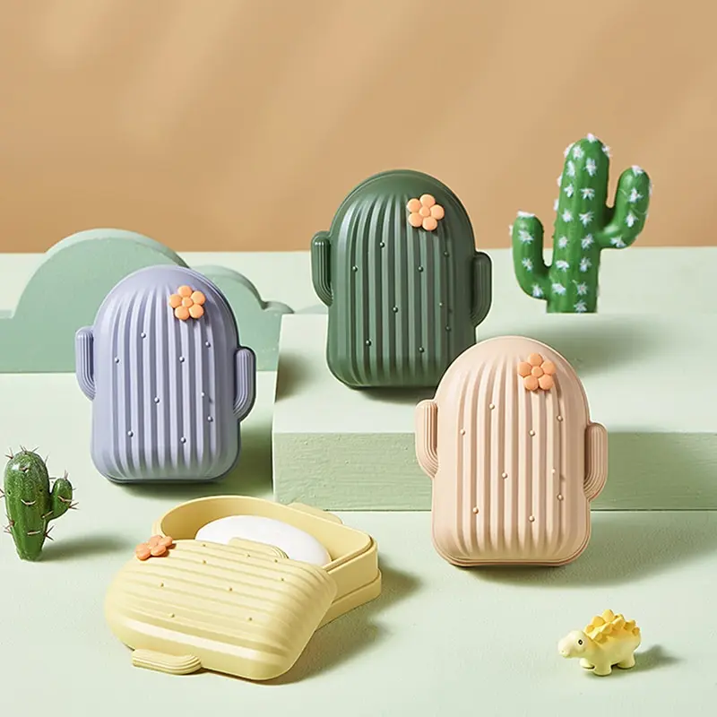

1PC Soap Drain Box Creative Plant Cactus Shape Soaps Sponge Holders With Lid For Home Kitchen Countertop Bathroom Storage