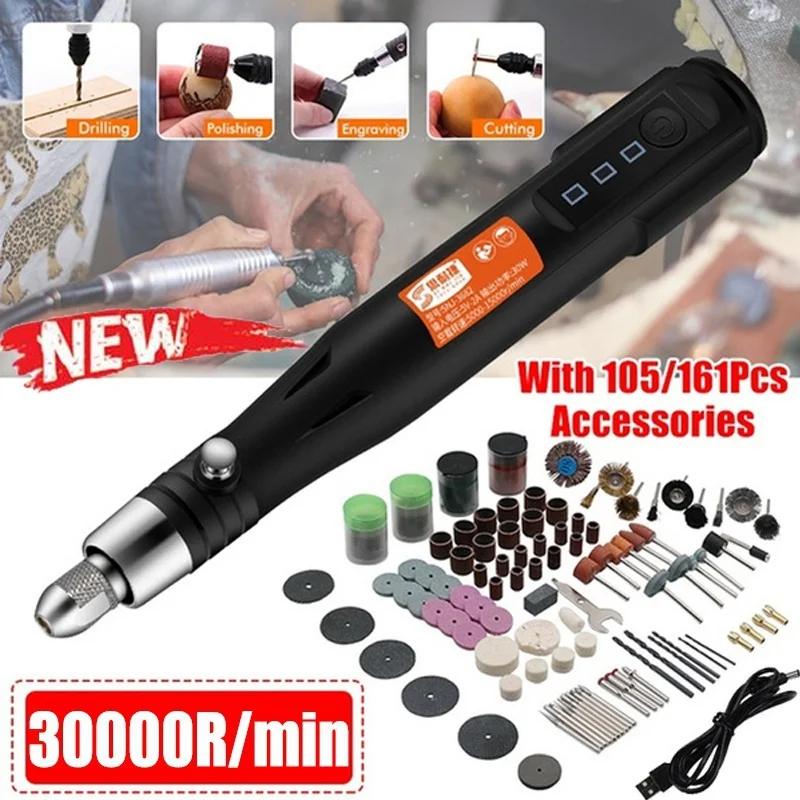 

DIY Kit 30000RPM Handheld USB Electric Grinder Bit Engraving Pen Polisher with 161 Pieces/105 Pieces Rotary Accessories