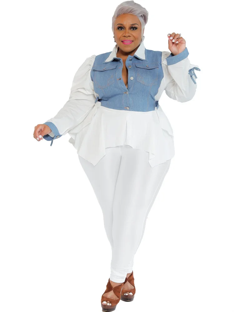 Plus Size Two Piece Outfits Women Solid Patchwork Puff Sleeve Leggings Sets Fashion Matching Suit Whol 3xl 4xl 5xl 6xl