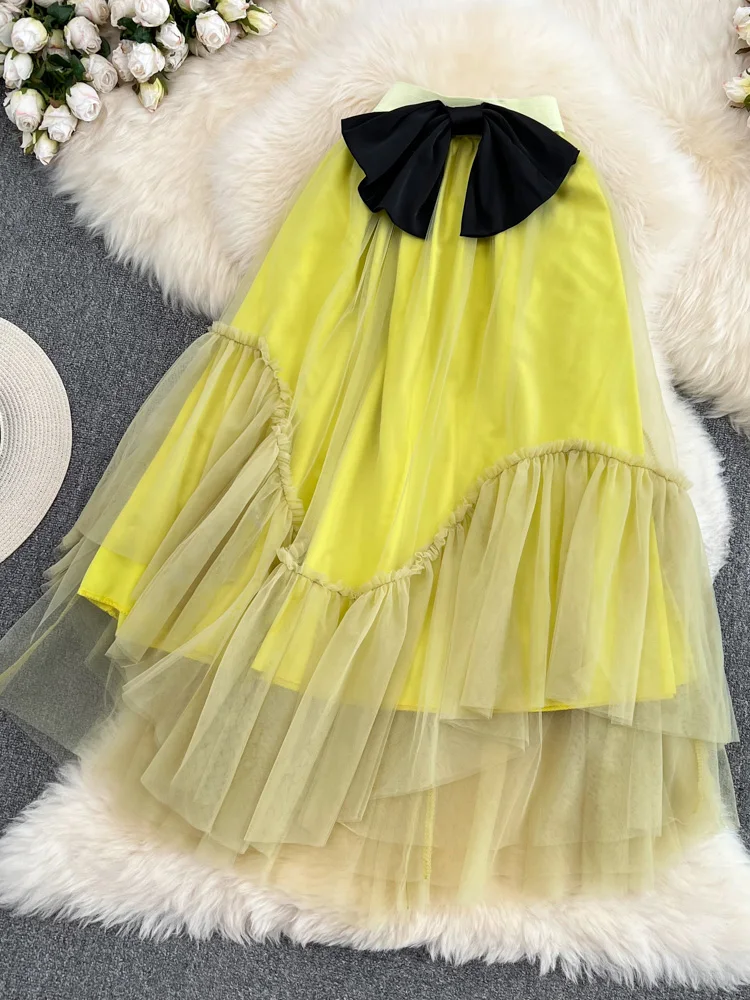 

Summer Tube Top Mesh Skirt Temperament Is Thin Retro Big Bow Wrap Chest Holiday A-line Skirt Faldas Women Y067