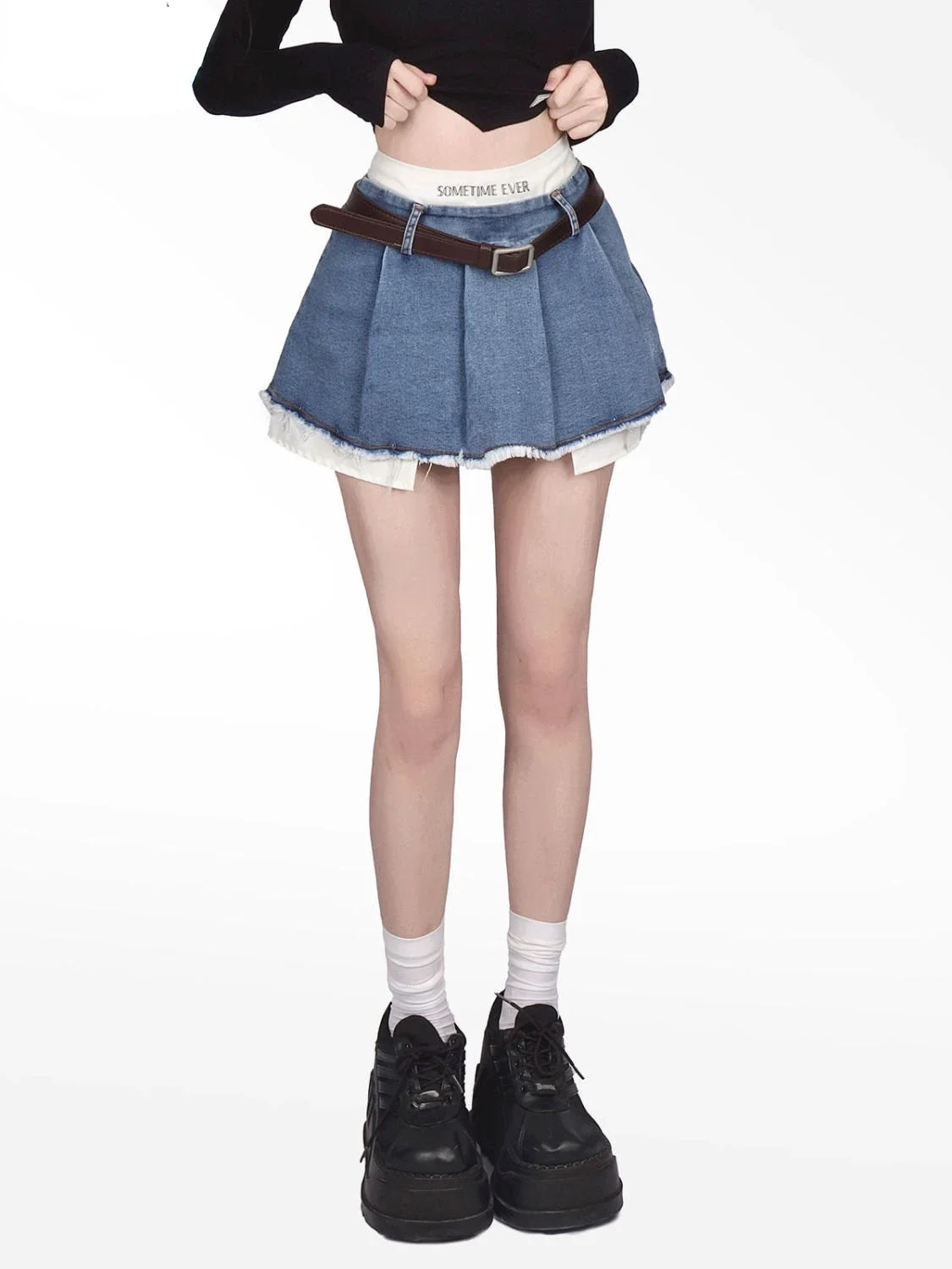 

Fake Two Pieces Denim Skirts with Lining Women Mini Summer Chic Sexy Girls Preppy Ulzzang Ins Pleated Irregular Y2k Streetwear