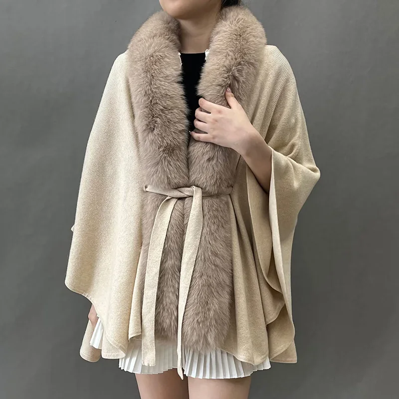 

Women's Soft Warm Knitted Poncho Real Fox Fur Collar Capes With Belt Detachable Fur Autumn Winter Shawls S5583