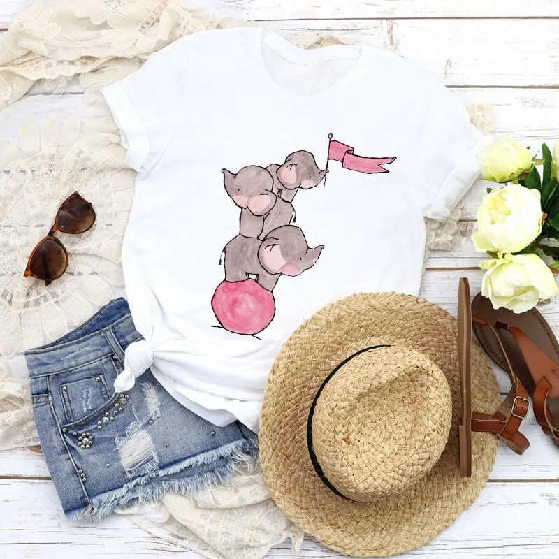 

Tshirt Tops for women Elephant yoga ball Print T shirt Ladies Clothing Kawaii White t-shirt aesthetic clothes female Tee shirt