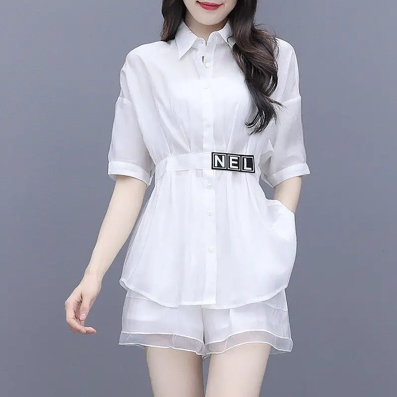 Thin Set of Women's Summer 2023 Version of The New Two-piece Shirt In The Long-style Women's Wide-leg Pants Shorts