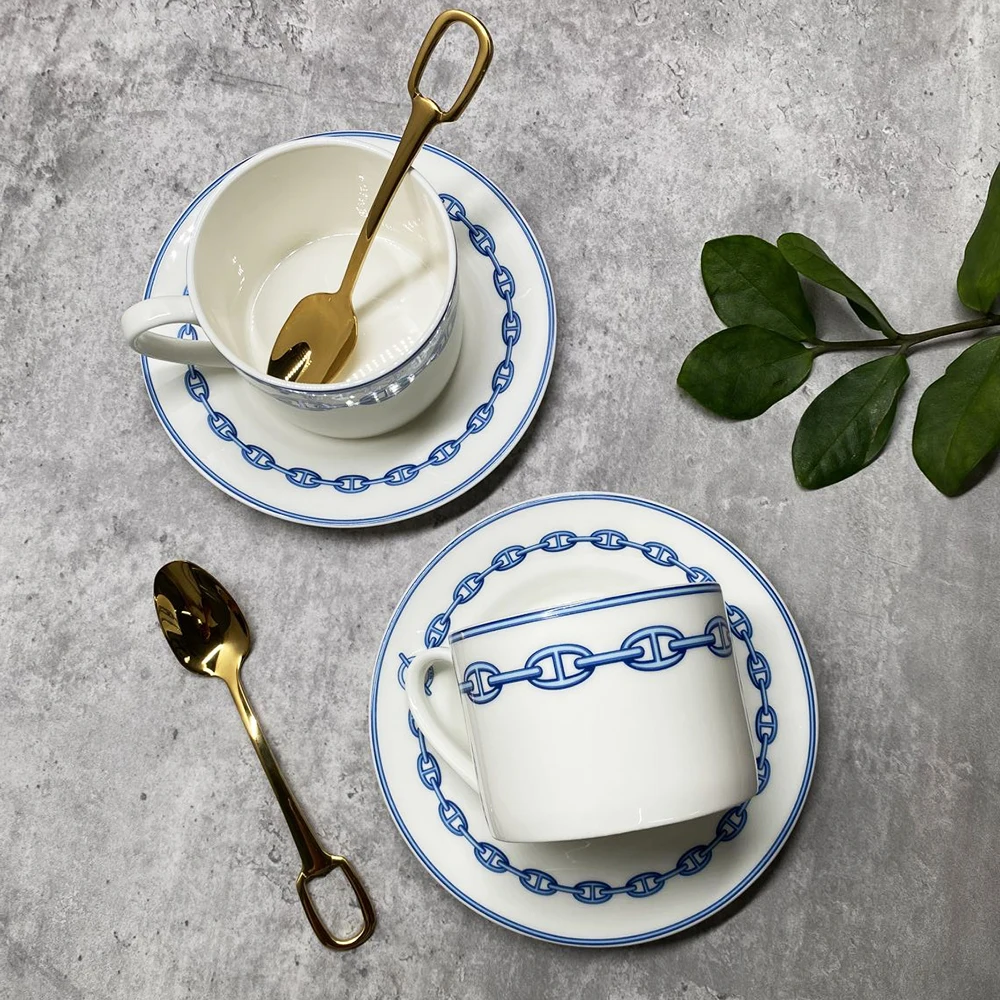 Обеденная тарелка из костяного фарфора с синей цепочкой новая кофейная чашка для