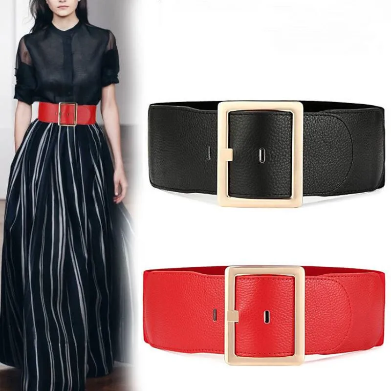 

New Women Cowhide Belt High Quality Red Waistband Wide Waist Elastic Stretch Belt for Women Cinch Waistband Dress Coat Clothing