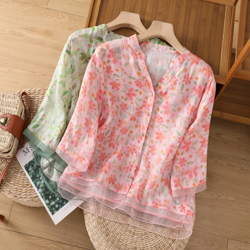 

YCMYUNYAN Chinese Style Women's Shirts Summer 2023 New Loose Short Sleeve Top V-neck Clothing Cotton Linen Printed Blouses