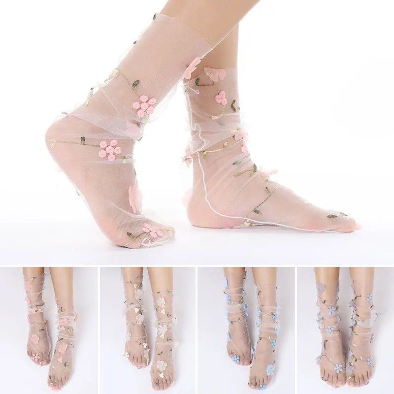 

Summer Embroidery Flowers Socks Tulle Women Transparent Long Socks Femme Mesh Thin Socks Dress Streetwear Calcetines Mujer