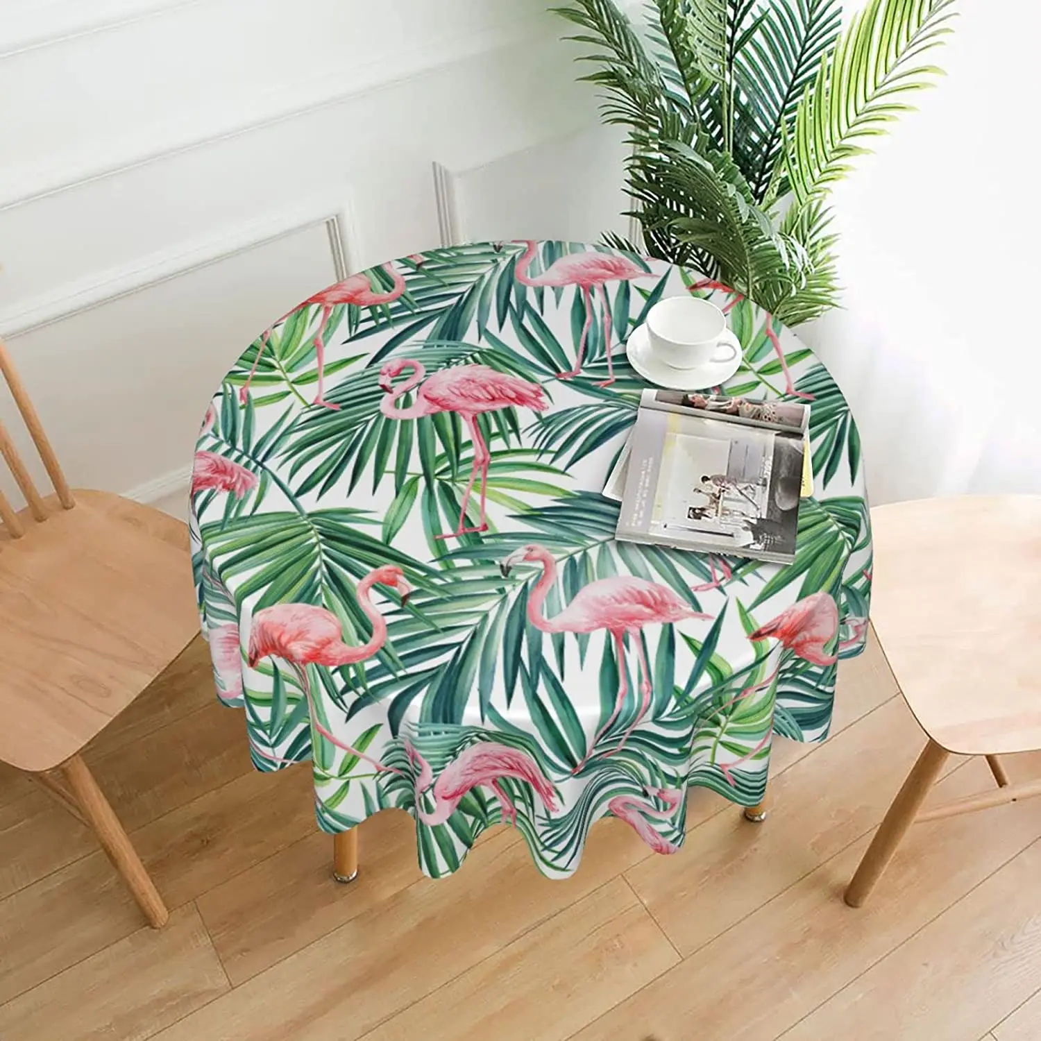 

Tropical Leaf Flamingo Round 60 Inch Table Cover Polyester Stain and Wrinkle Resistant Table Cloth for Kitchen Dining Coffee