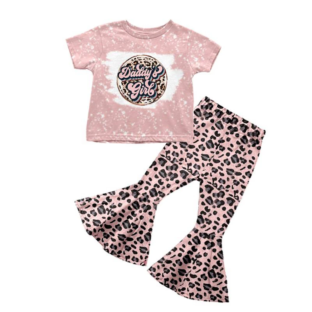 Boutique Daddy's Girl Outfits Pink Bleach Leopard Short Sleeve Bell Bottom Pants Sets Matches Baby Rompers