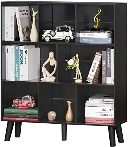 

Black Bookshelf,3 Tier Modern Bookcase with Legs,Bookshelves Wood Shelf,Rustic Open Book Shelves Cube Organizer,Free Standing S