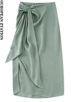 pailete women 2022 fashion with knot front slit satin midi skirt vintage high waist side zipper female skirts mujer