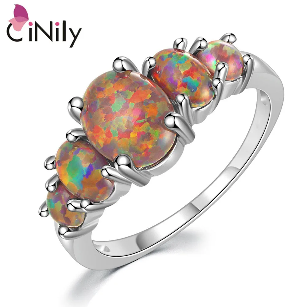 CiNily White & Orange & Blue Fire Opal Filled Rings With Round Stone Silver Plated Luxury Big Bohemia Boho Summer Jewelry Woman