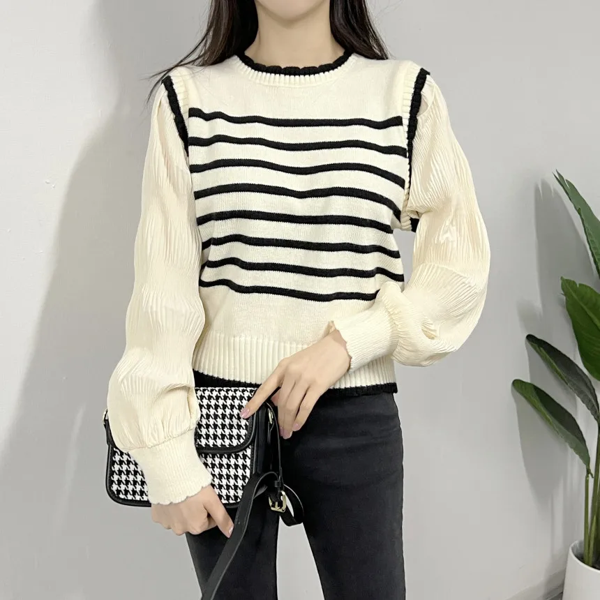 

Spring Chiffon Spliced Knitted Fake Two Piece Sweater Women Korean Fashion O-Neck Pullover Sweaters Striped Knitwear Tops Jumper