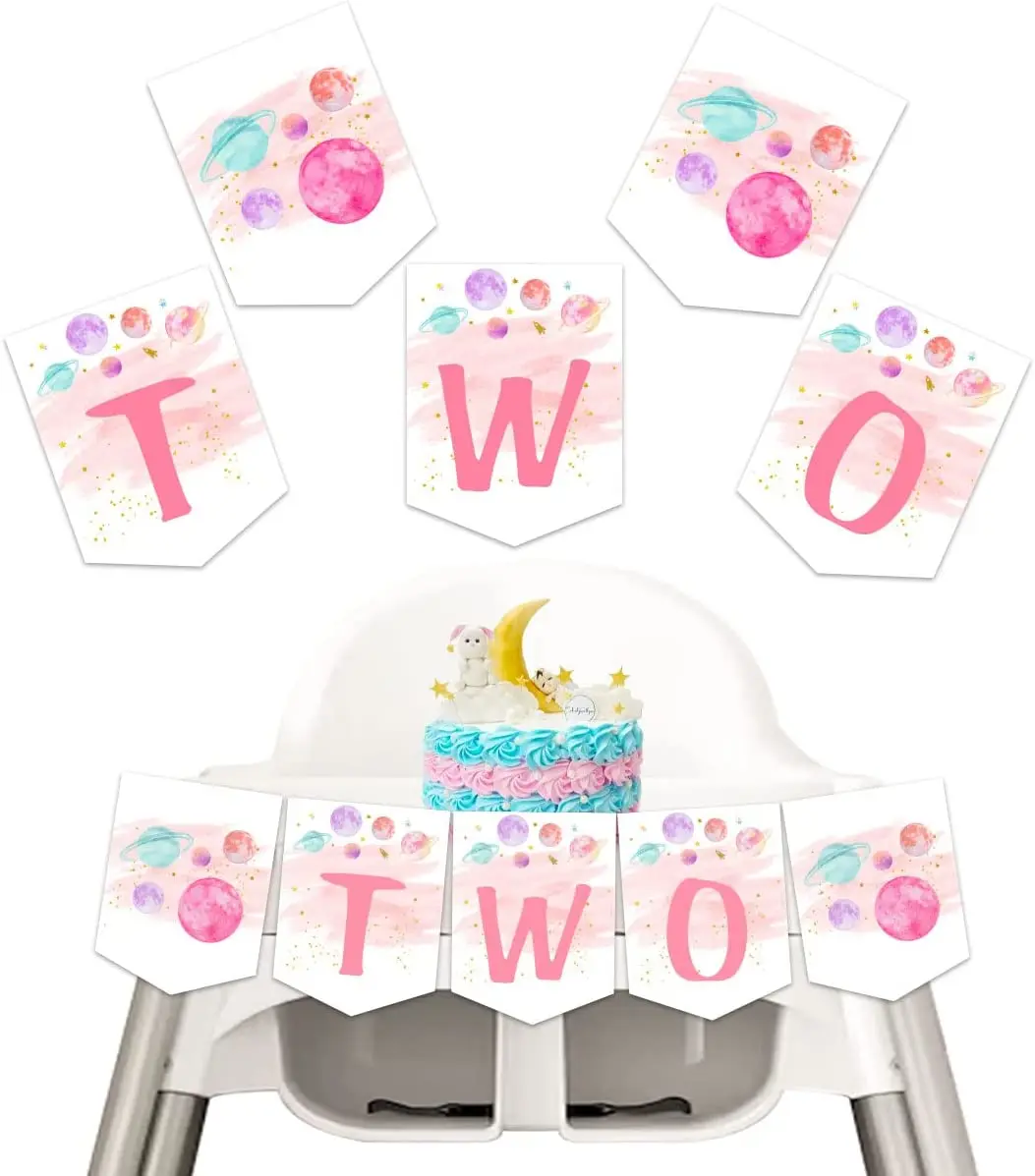 

Two The Moon High Chair Banner Pink Outer Space Planet 2nd Birthday Highchair Garland Decorations for Girls’ Two Years Old Party