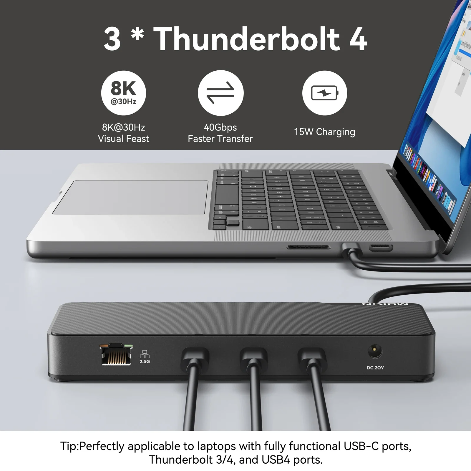 Фото Док-станция для ноутбука MOKiN Thunderbolt 4, 40 Гбит/с, USB 3,1, SD/MicroSD №5
