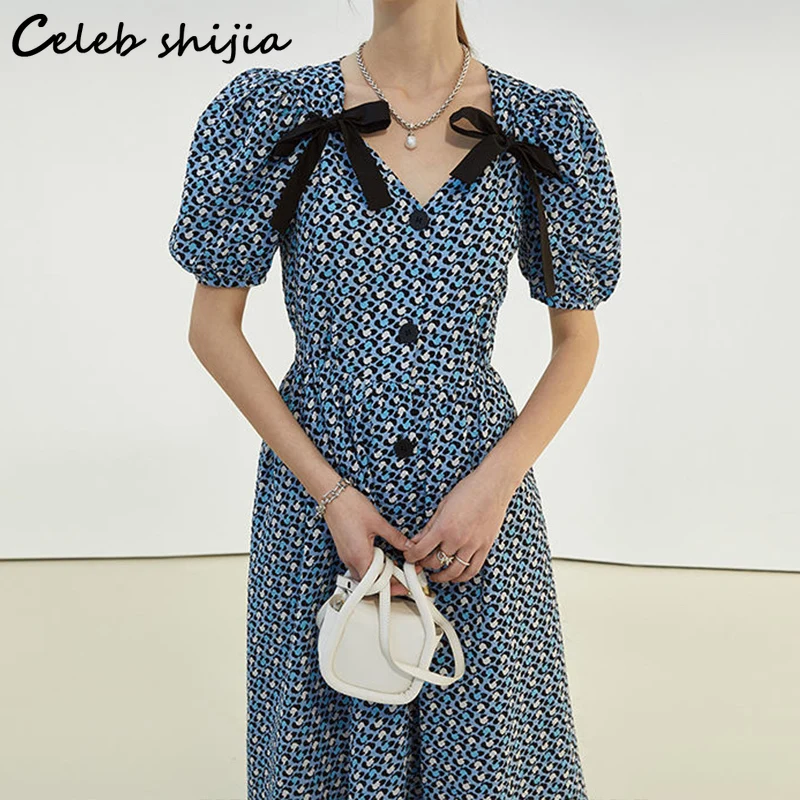 

Женское однобортное платье с V-образным вырезом, синее облегающее платье с пышными рукавами в Корейском стиле, лето 2022