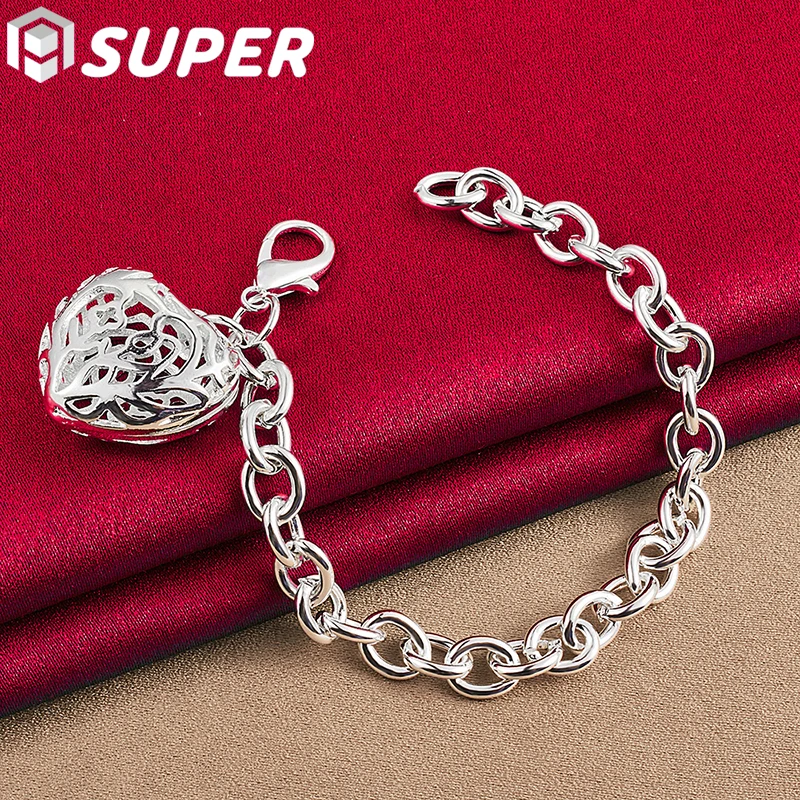 

925 Sterling Silver Hollow Heart Bracelet Charm Chain For Women Wedding Engagement Party Fashion Jewelry