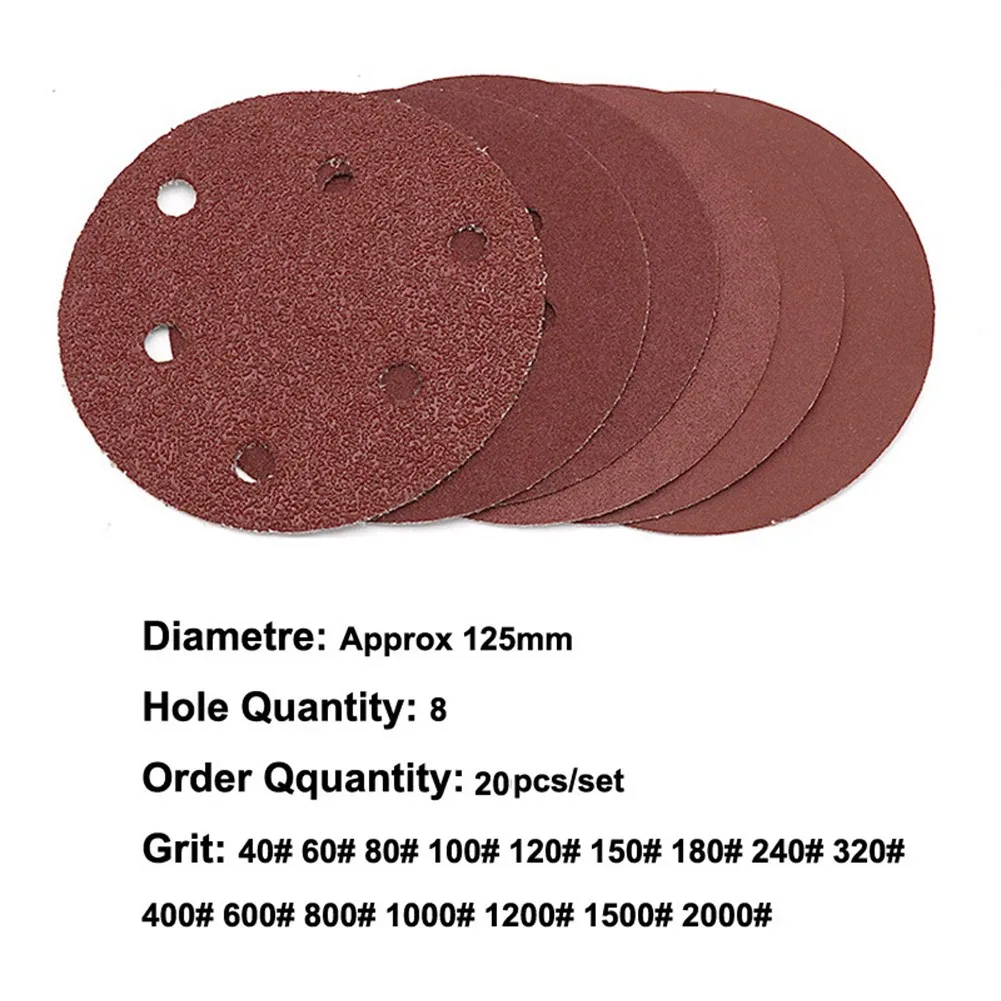 

10/20pcs 5 Inch 8 Hole Round Sandpaper 125mm Flocking Sanding Discs Hook And Loop Sand Sheets Grit 40-2000 Polishing Stick Plate