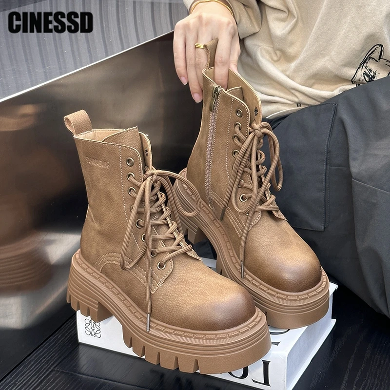 

Platform Combat Ankle Boots Motorcycle 2023 Women New Lace Up Gothic Ladies Punk Chunky Heels Female Shoes Pumps Zipper Non Slip