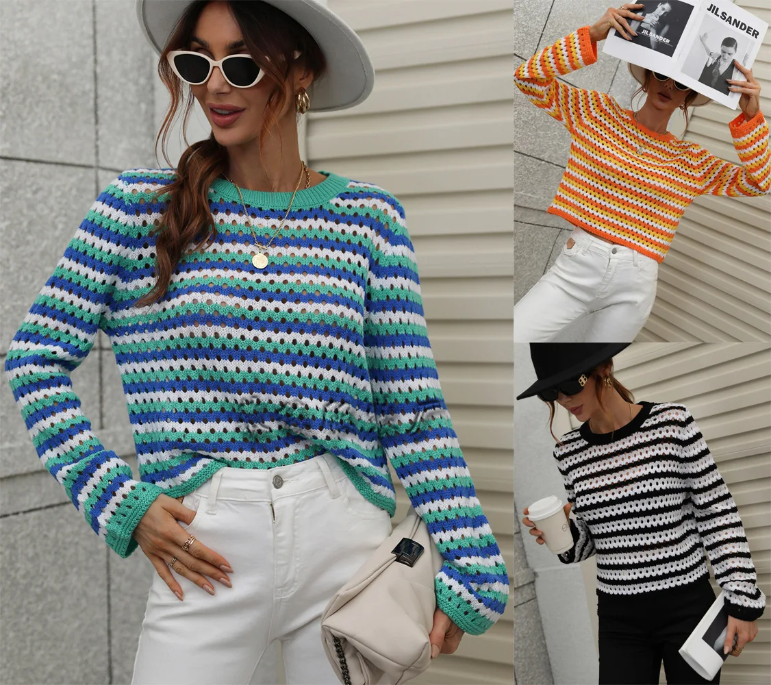 

2022 autumn and winter round neck women's knitted sweater women's striped pullover intercolor sweater women