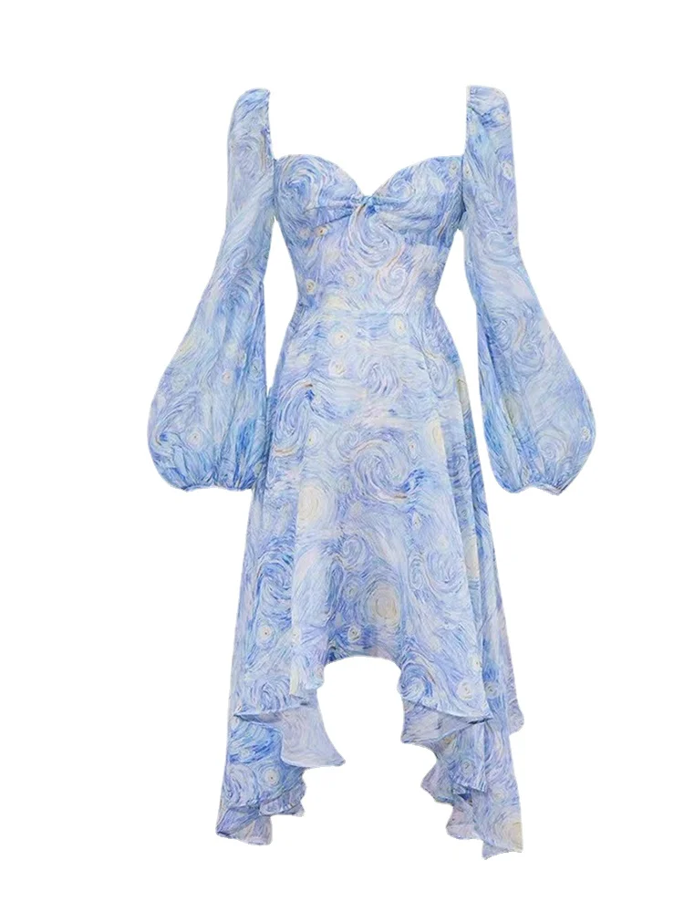 

Square Collar Lantern Sleeve Women Irregular Dresses Blue Color Floral Print Hip Hop Lady Asymmetrical Dress Clothing